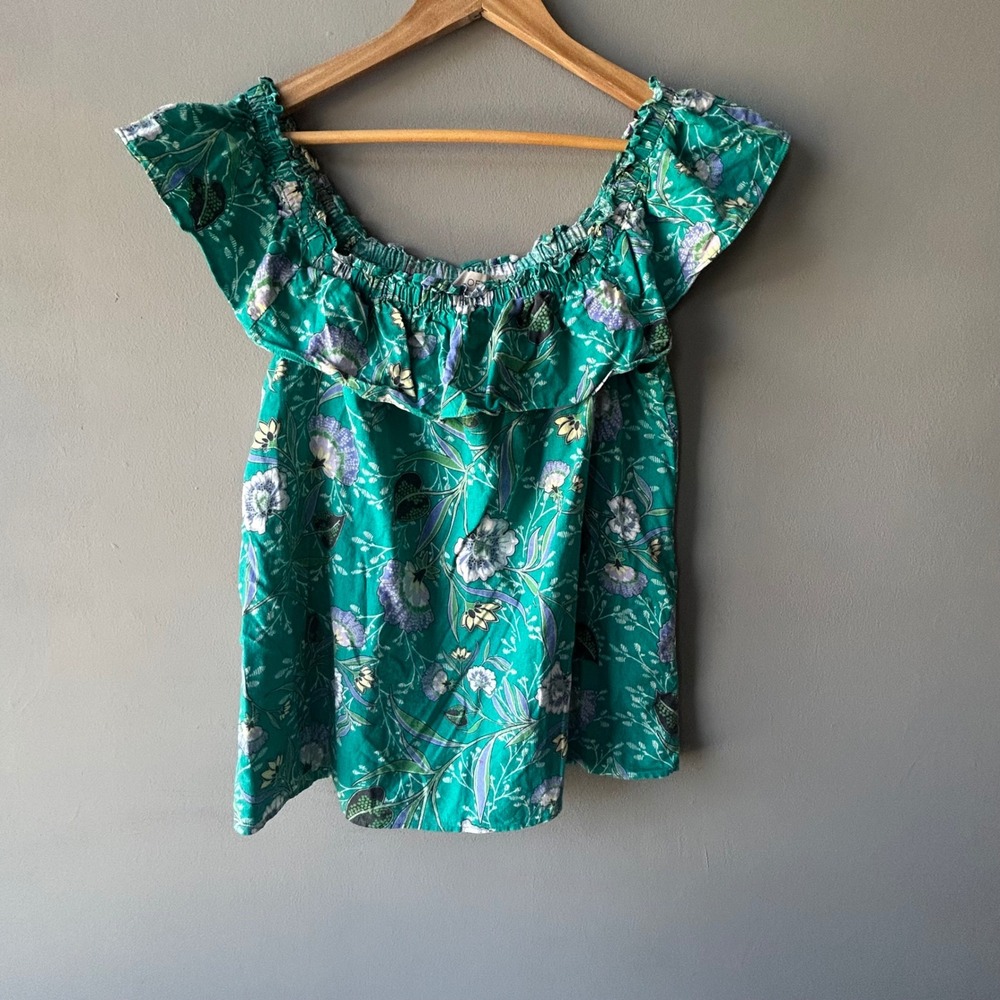 Loft Green Floral Linen Blend Ruffle Off Shoulder Blouse Top Womens Medium